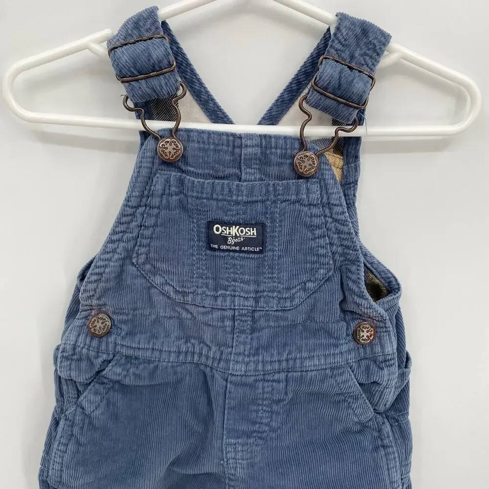 Oshkosh B'gosh Blue Corduroy Overalls Baby Flannel Lined Bibs 6 Months